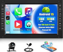 CAMECHO 4+64G „Android 15“ automobilių radijas, skirtas „VW Golf 4“, „Polo“, „Sharan“, „Jetta MK4“, „Passat B5“ modeliams, 7 colių ekranas, „Bluetooth“ su „CarPlay“ ir „Android Auto“ belaidžio ryšio funkcijomis, GPS, „Wi-Fi“, FM RDS, su atbulinės eigos ka