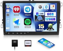 CAMECHO [6G + 128G] Android 15 automobilinis radijas VW Golf 5 Polo Skoda su navigacija Carplay Android automobilis, 9 colių dvigubas DIN Carplay VW radijas IPS jutiklinis ekranas su Bluetooth 5.0 Mirror Link FM/RDS WiFi SWC USB