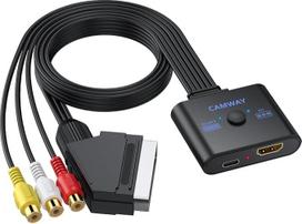 CAMWAY RCA-Scart į HDMI adapteris, 16:9/4:3 konversija, 1080P kompozicinio vaizdo ir garso keitiklis su 50 cm HDMI kabeliu, „Plug & Play“, AV SCART adapteris, palaikantis PAL/NTSC standartus, skirtas Wii/PS1/PS2/N64/DVD/VHS/VCR