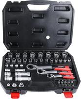 CCLIFE perėjimo lizdų raktų rinkinys, 47 vnt., 4–24 mm | Su skylėmis | Srieginės strypai ir varžtai | 1/4", 3/8", 1/2" adapteriai | CrV plienas | Antgaliai | Dėklas