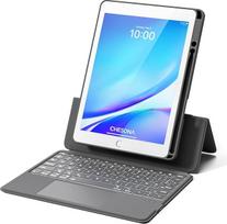 CHESONA 9 kartos "iPad" klaviatūra, "iPad" 10.2 9/8/7 kartos klaviatūra su "Trackpad", horizontali / vertikali, nuimamas magnetinis dėklas, reguliuojamas stovas 15-180°, pilka