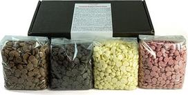 CHOCO SECRETS Quattro belgiškas šokoladas šokolado fontanui, 4 x 600 g, pilno pieno, tamsiai baltas, rubino spalvos - šokolado fondiu ir šokolado fontanas - šokolado lašeliai