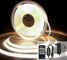 COB LED juosta 10 m, LED juosta natūralios baltos spalvos, 4000 K, 24 V šviesos juosta, reguliuojama, CRI92, 8 mm pločio, su nuotolinio valdymo pultu ir maitinimo šaltiniu, skirta namų apdailai, virtuvei, veidrodžiams
