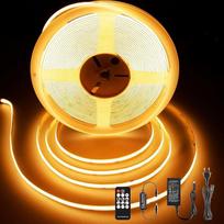 COB LED juosta 10 m, 384 šviesos diodai/m, 24 V LED juosta, šiltai balta, su maitinimo šaltiniu ir nuotolinio valdymo pulteliu, CRI 92+, 8 mm, skirta miegamajam, svetainei, televizoriui, netiesioginiam apšvietimui, 2700 K