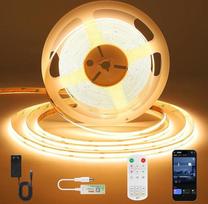 COB LED juosta 10 m, šiltos baltos spalvos LED juosta su išmaniąja programėle ir nuotolinio valdymo pulteliu, laikmačio funkcija, dinaminė spalva, muzikos režimas, LED juosta sieninėms panelėms, virtuvei, svetainei, 3000 K
