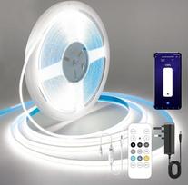 COB LED juosta, 10 m, 6000 K, šaltai balta, su nuotolinio valdymo pultu, reguliuojamo ryškumo