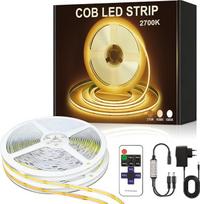 COB LED juosta, 15 m (7,5 m x 2), LED juosta, šilta balta spalva 2700 K, 24 V šviesos juosta, reguliuojamo ryškumo, lipni, 320 LED/m, 8 mm pločio, su nuotolinio valdymo pultu ir maitinimo šaltiniu, skirta namų dekoravimui
