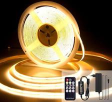 COB LED juosta, 10 m, LED juosta, šilta balta, 2700 K, lipni šviesos juosta, CRI 92, 8 mm pločio, su nuotolinio valdymo pultu ir maitinimo šaltiniu, skirta namų dekoravimui, virtuvei, veidrodžiui