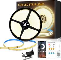 COB LED juosta, 15 m, 24 V nuolatinė srovė, šilta balta, lanksti, reguliuojamo ryškumo LED juosta | 3000 K COB LED juosta su nuotolinio valdymo pultu ir valdymu per programėlę, tinka naudoti miegamajame, kambaryje, spintoje, savarankiškai atliekamiems dek