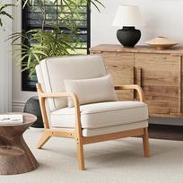 COLAMY „Mid-Century Modern“ stiliaus svetainės fotelis, poilsio kėdė su juosmens pagalvėle, masyvi medinė konstrukcija ir minkšta paminkštinimo medžiaga, patogi skaitymo kėdė, skirta svetainei ir miegamajam, smėlio spalvos