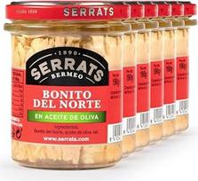 CONSERVAS SERRATS – Baltasis tunas iš Kantabrijos jūros alyvuogių aliejuje – 6 stiklainiai po 190 g (iš viso: 1140 g) – Gaminama rankomis nuo 1890 m. – Be glitimo – Gausu omega-3 riebalų rūgščių – Aukščiausios kokybės
