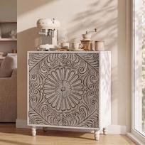 COSIEST 32" B Sideboard bufeto spintelė su 2 atidaromomis durimis, Vintage MDF bufeto stalas svetainei, virtuvei, prieškambariui (pilka, gėlių raštas)