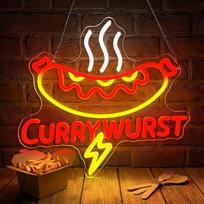 Currywurst neoninis ženklas sienoms dekoruoti, LED neoninės šviesos pakabinamas ženklas USB valdomas su pritemdomu jungikliu užkandžių barui restoranui (Currywurst)