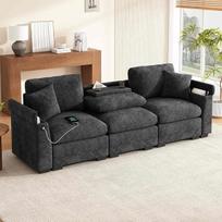 Daugiafunkcinė 3-vietė šenilinė sofa su atlenkiamu staliuku, USB įkrovimo lizdu, gėrimų laikikliais ir paslėpta daiktų laikymo erdve, svetainės sofa, pilkos spalvos