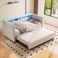 Daugiafunkcinė aksominė sofa-lova 90 x 190 cm su ištraukiama lova, USB-C jungtimi, LED apšvietimu ir laikymo erdve - šiuolaikiška lova svetainei, svečių kambariui ir paauglių kambariui (smėlio spalvos1)