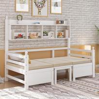 Daugiafunkcinė medžio masyvo sofa-lova 200 x 90 cm, „2-in-1“ lova ir stalas, laisvai transformuojama, su knygų lentyna daiktams laikyti, su patogia pagalve, svečių lova, vienvietė medinė lova, balta