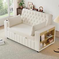 Daugiafunkcinė sofa lova, moderni sulankstoma sofa su laikymo vieta ir miego funkcija, gėrimų laikikliu, USB įkrovimo prievadu ir pagalvėle, erdvę taupanti sofa svetainei, miegamajam ir svečių kambariui, smėlio spalvos