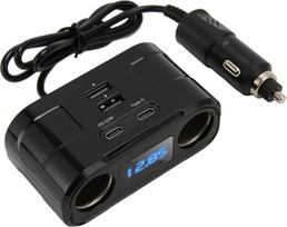 Daugiafunkcinis automobilinis cigarečių degiklio skirstytuvas su apsauga nuo įtampos šuolių ir USB Type-C išėjimu, skirtas mobiliesiems telefonams ir planšetiniams kompiuteriams; tinka 12 V–24 V automobiliams