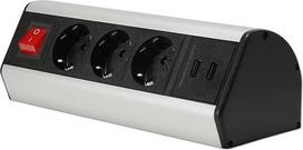 Daugiavietė 3-pozicinė rozetė ir 2 USB jungtys su 2 m kabeliu – elektros paskirstytuvas, kurį galima naudoti kaip stalo rozetę ir elektros paskirstytuvą – elektros paskirstytuvas, skirtas virtuvės ir biuro baldams, lengvai montuojamas, su jungikliu