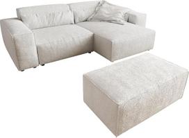 DELIFE „Sirpio L“ bouclé kampinė sofa, 260 x 160 cm, reguliuojama, su pufu, kreminė / balta