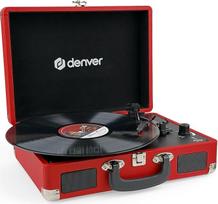 Denver VPL‑120R raudonas plokštelių grotuvas su dėklu – retro stiliaus plokštelių grotuvas su garsiakalbiu, USB vinilo grotuvas skaitmeninimui, automatinis išjungimas, senovinio stiliaus vinilo grotuvas su RCA išėjimu
