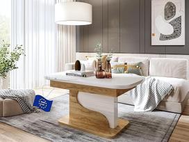 designimpex DA-111 Kavos staliukas blizgus baltas / ąžuolinis auksinis Išskleidžiamas reguliuojamo aukščio suapvalintais kampais 120 x 200 cm Modernus svetainės stalas Valgomasis stalas Sofos stalas Erdvę taupantis svetainės stalas