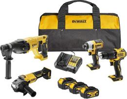 DEWALT DCK424M3-QW 18 V XR 4 dalių komplektas su plaktukiniu gręžtuvu, smūginiu veržliarakčiu, SDS-Plus plaktukiniu gręžtuvu ir 125 mm kampiniu šlifuokliu, 3 vnt. 4 Ah akumuliatorių, minkštu nešiojimo krepšiu