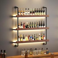 Didelis sieninis vyno stovas su LED apšvietimu, pakabinamas 3-pakopinis masyvios medienos butelių stovas su vyno taurių laikikliu, skirtas pyragams, namų barui, kavinei (120 x 110 x 22 cm) | „fuir Kuche“, namų baras, kavinė, 120x110x22cm