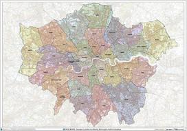 Didžiojo Londono savivaldybių laminuotas sieninis žemėlapis, 47 x 33 coliai