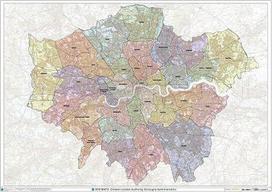 Didžiojo Londono pakraščio savivaldybių sieninis žemėlapis, 120 x 84 cm