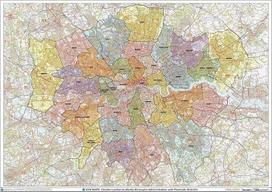 Didžiojo Londono savivaldybės sieninis žemėlapis, 120 cm x 84 cm, laminuotas, su pašto kodais