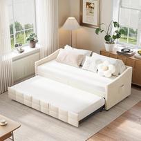 Dienos lova 90 x 200, daugiafunkcinė sofa-lova, ištiesiama 90 x 200, minkšta lova su skersiniu rėmu, funkcinė lova, jaunimo lova, viengulė lova, be čiužinio (kreminė + aksomas B)
