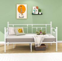 Dienos lovos rėmas 90 x 200 cm, viengulė lova-sofa su groteliniu rėmu, skirta svečių kambariui, paauglių lova, metalinė lova, dienos lova, lovos rėmas miegamajam, svetainei, balta
