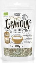 DIET-FOOD Riešutų granola – ekologiški traškūs dribsniai su riešutais ir sėklomis, turintys daug ląstelienos, be glitimo, mažai angliavandenių, be GMO, be pridėto cukraus. 200 g, 1 pakuotė