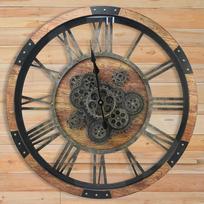 DORBOKER 68 cm didelis senovinis sieninis laikrodis su judančiais krumpliaračiais, retro medžio metalo skeletas, grūdinto HD stiklo dangtelis, XXL antikvarinis steampunk industrinis sieninis laikrodis biurui, svetainei, barui (rudas)