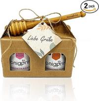 Dovanų rinkinys "Meilės linkėjimai" su medaus šaukštu iš buko medienos ir sveikinimo atviruku - 1 x 250 g šaltalankių kremo ir 1 x 250 g ankstyvosios duonos kremo - 100 % vokiškas medus Honigprinz šeimos bitininkystė