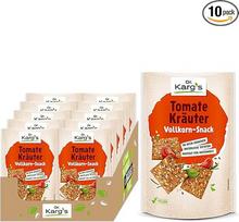 Dr. Karg Pilno grūdo užkandžiai "Tomato Herbs" - traškūs veganiški užkandžiai su aštriais bazilikais, rozmarinais ir raudonėliais, 10 x 110 g maišelių