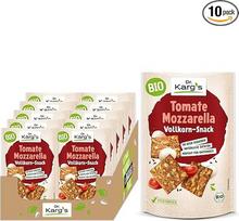 Dr. Karg's Organic Whole Grain Snack Tomato Mozzaralla - traški, vegetariška užkandėlė su pomidorais ir mocarela, 100 % viso grūdo miltai ir be priedų, 10 x 110 g