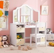 DREAMADE 2-in-1 vaikiškas tualetinis staliukas su taburete ir nuimamu veidrodžiu, princesės tualetinis staliukas su 4 laikymo dėžutėmis, vaikiškas tualetinis staliukas vaikams mergaitėms (baltas su taburete ir dėžute)