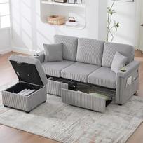DRIXNO kampinė sofa su miego funkcija, L formos sofa lova su LED apšvietimu, 3 sėdimų vietų sofa, laikymo kojūgalis, gėrimų laikikliai ir šoninės kišenės, skirta svetainei, miegamajam ar biurui, šviesiai pilka