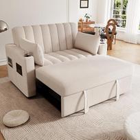 DRIXNO Šiuolaikinė daugiafunkcinė sofa lova Sofa lova su miego funkcija Dvigulė sofa su reguliuojamu atlošu, gėrimų laikikliu ir pagalvėle Smėlio spalvos