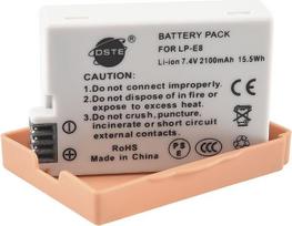 DSTE LP-E8 (7,4 V, 2100 mAh) Įkraunamas ličio jonų akumuliatorius, suderinamas su „Canon“ skaitmeniniais fotoaparatais „EOS 550D“, „600D“, „650D“, „700D“, „Kiss X4“, „Kiss X5“, „Kiss X6i“, „X7i“, „Rebel T2i“, „T3i“, „T4i“ ir „T5i“