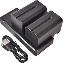 DSTE NP-F750 atsarginė baterija + greitojo įkrovimo įrenginys su dviem LCD ekranais, suderinamas su NP-F770, NP-F730 (2 vnt. rinkinys)