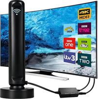 DVB-T2 antena su stiprintuvu, skirta naudoti patalpose, DVB-T2 vidinė antena su stiprintuvu televizoriui, TV antena 4K UHD ir Full HD, 360° signalo priėmimas iki 500 km, nemokamas siųstuvas
