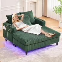Dvivietė sofa lova su šezlongu, sofa su LED ir USB-C prievadu, 2 pagalvėlėmis ir gėrimų laikikliais, sofa lova svetainei ir miegamajam, smaragdinė