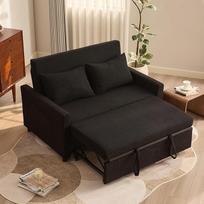 Dvivietė sofa lova, 3-in-1 išskleidžiama sofa lova, velvetinio audinio sofa lova su reguliuojamu atlošu ir šoninėmis kišenėmis, skirta svetainei ir svečių kambariui, juoda