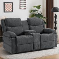 Dvivietė sofa su atlošiamais krėslais, rankinio atlenkimo funkcija, audinio užvalkalu, centrine konsole su puodelių laikikliais ir šonine kišene - dvigulė sofa su atlošiamais krėslais, idealiai tinkanti svetainei, biurui ar namams (pilka)