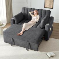 Dvivietė sofa-lova, maža dvivietė sofa, 3-in-1 išskleidžiama sofa-lova su reguliuojamu atlošu, USB jungtimi, kišenėmis porankiuose ir pagalvėmis, sofa-lova, skirta svetainei, miegamajam, butui