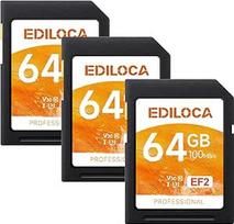 EF2 UHS-I atminties kortelė 64GB, 3 vnt., skaitymo greitis 100MB/s, įrašymo greitis 45MB/s, C10, U1, V10, Full HD ir 4K vaizdo įrašai, SD kortelė profesionaliems fotografams
