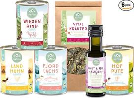 Ekologiškas maistas šunims "Tasting Box Friendly" - mažai purinų turintis drėgnas ėdalas, ekologiškas aliejus ir ekologiškų žolelių mišinys - be grūdų - tvarus maistas iš Bavarijos